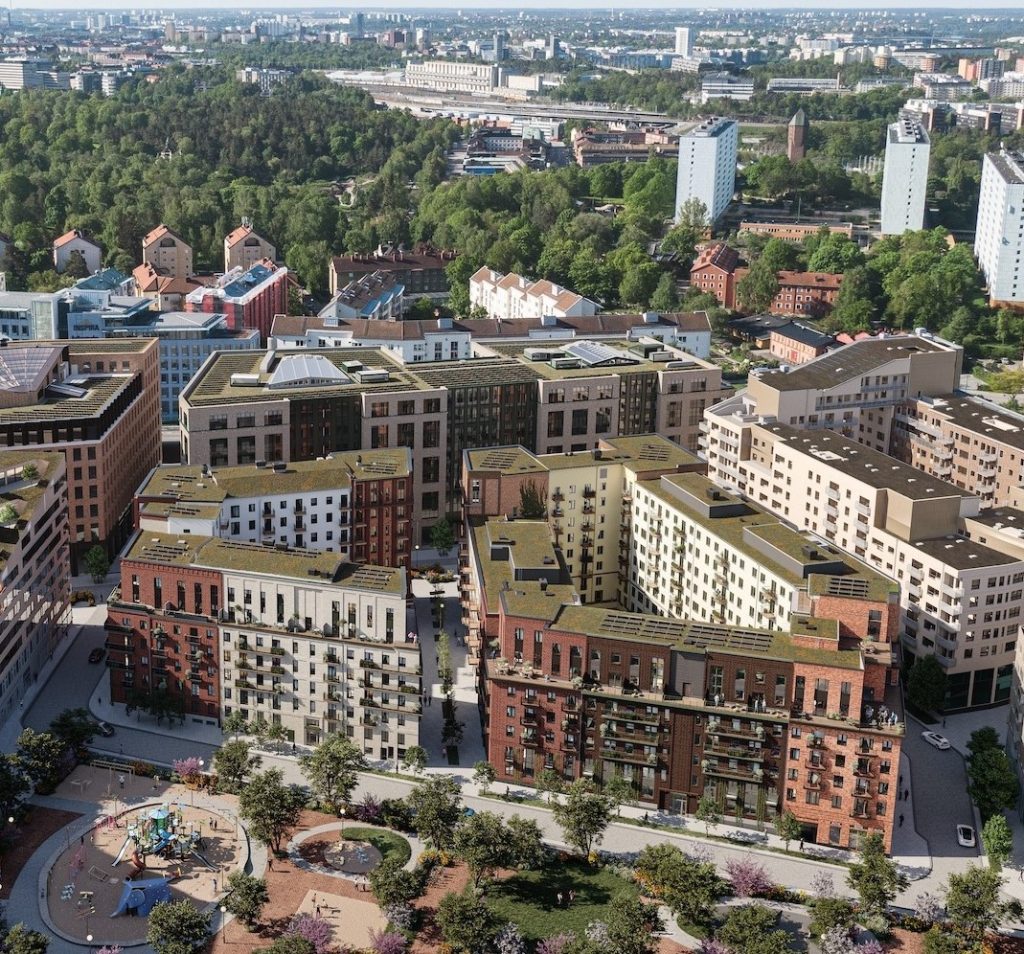 Birger_Bostad-Haga_Norra_Aerial2_web Rendering, vy från ovan över kvarter