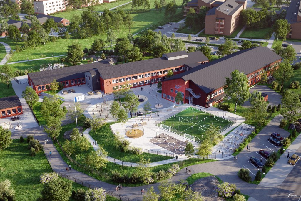 TMRW.NystadStadsutveckling.Akern.Aerial.Copyright.tmrw.se Rendering, vy från ovan, skolgård